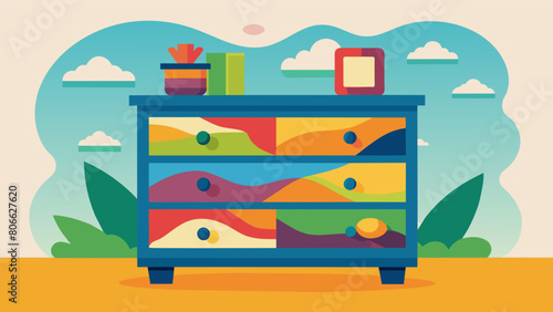A wooden dresser transformed into a colorful work of art using only thrifted paint and hardware wins first place at the thrift store art competition.. Vector illustration