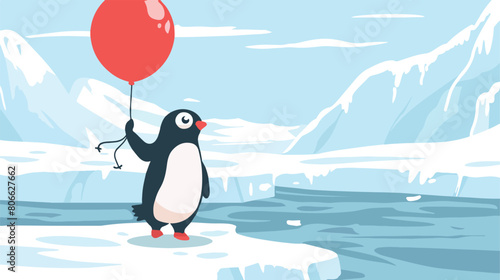 Penguin holding balloon on ice floe Vector illustration