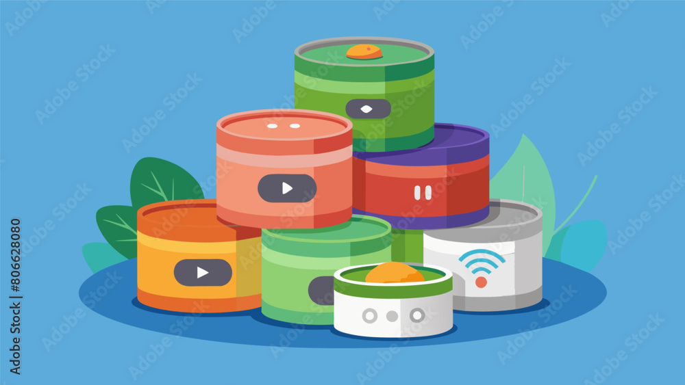 A stack of pet food cans with different flavors with a reminder from a smart speaker to switch up their pets meals for variety.. Vector illustration A stack of pet food cans with different flavors with a reminder from a smart speaker to switch up their pets meals for variety.. Vector illustration