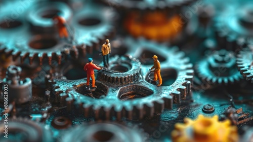 The miniature varies group of employed people that standing still on the uncompleted cogwheels trying to work together to find the solution for varies problems that they talking to each other. AIGX03.