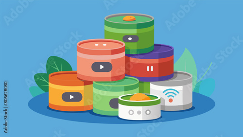 A stack of pet food cans with different flavors with a reminder from a smart speaker to switch up their pets meals for variety.. Vector illustration