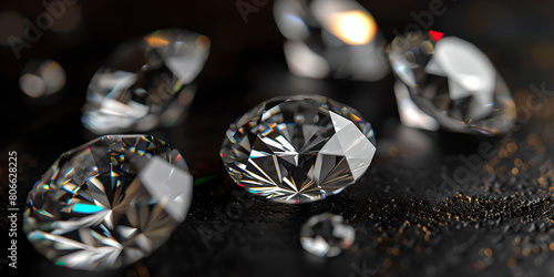 Five diamonds are arranged on black background   elegant display of luxury  sparkling gems  costly exquisite adornments expensive precious stones  shift lenses  blur effect  blurry background