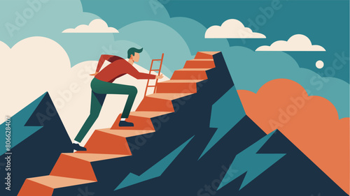 An adventurer struggles to make their way up the steep rocky terrain each step representing the challenges and obstacles one must overcome on the path. Vector illustration