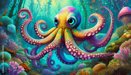 oil painting style cartoon character Octopus gracefully navigating the deep sea © stefanelo