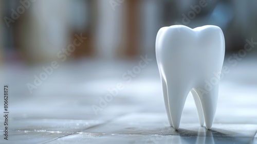 A white tooth is on a tile floor. The tooth is the only thing in the image. The image has a simple and minimalistic feel to it
