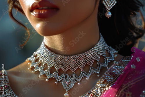 Close view of woman wearing diamond necklace
