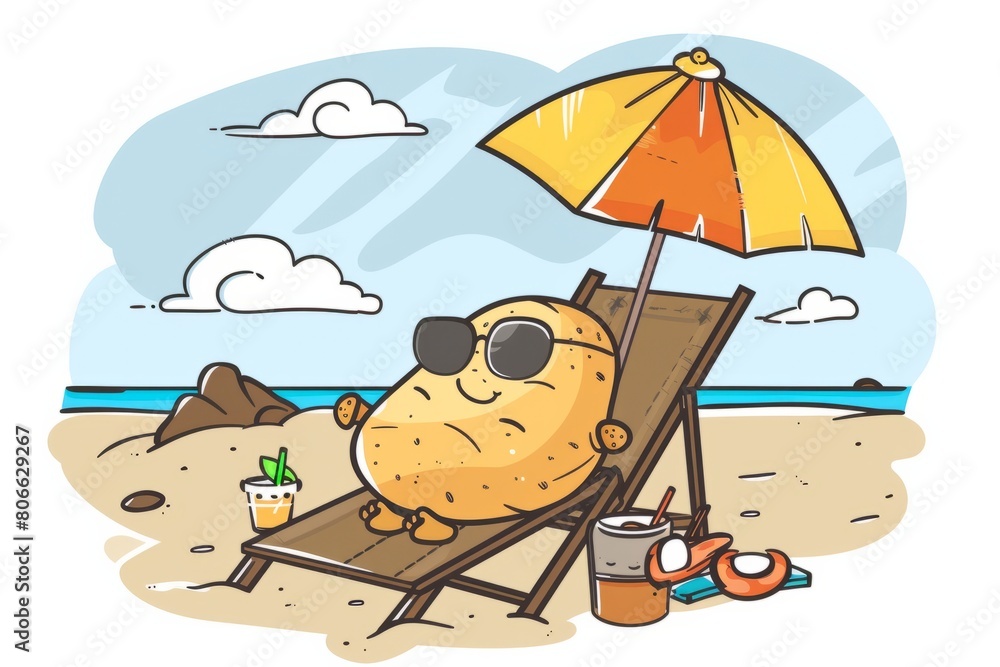 Naklejka premium Cartoon cute doodles of a potato wearing sunglasses and sunbathing on a beach chair, sipping a tiny umbrella drink, Generative AI