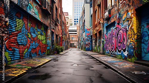 A vector graphic of graffiti-covered walls in an urban alley. © Tayyab