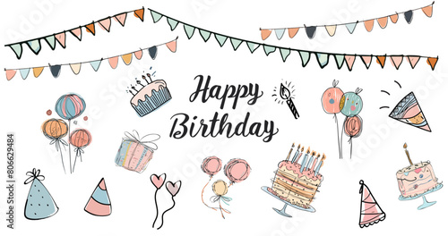 cute doodle of happy birthday drawing free hand kid vector. isolated on transparent.