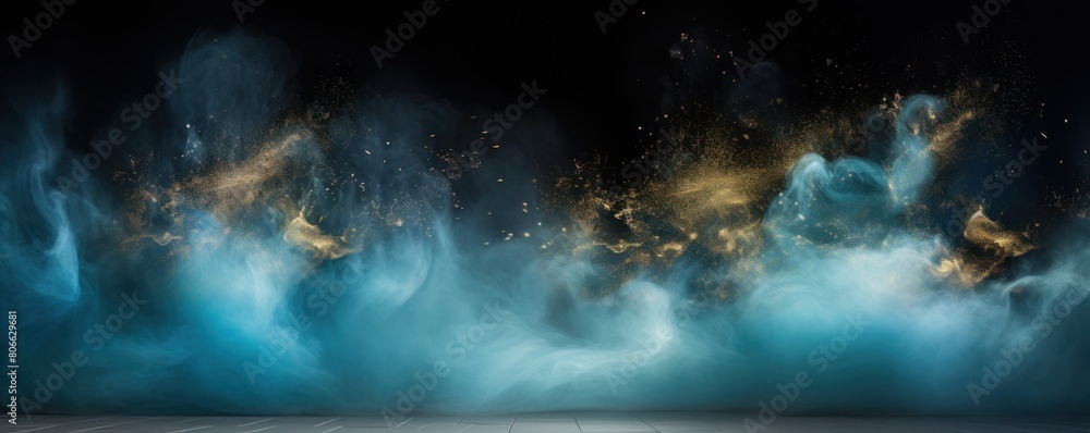 Cyan smoke empty scene background with spotlights mist fog with gold glitter sparkle stage studio interior texture for display products blank 