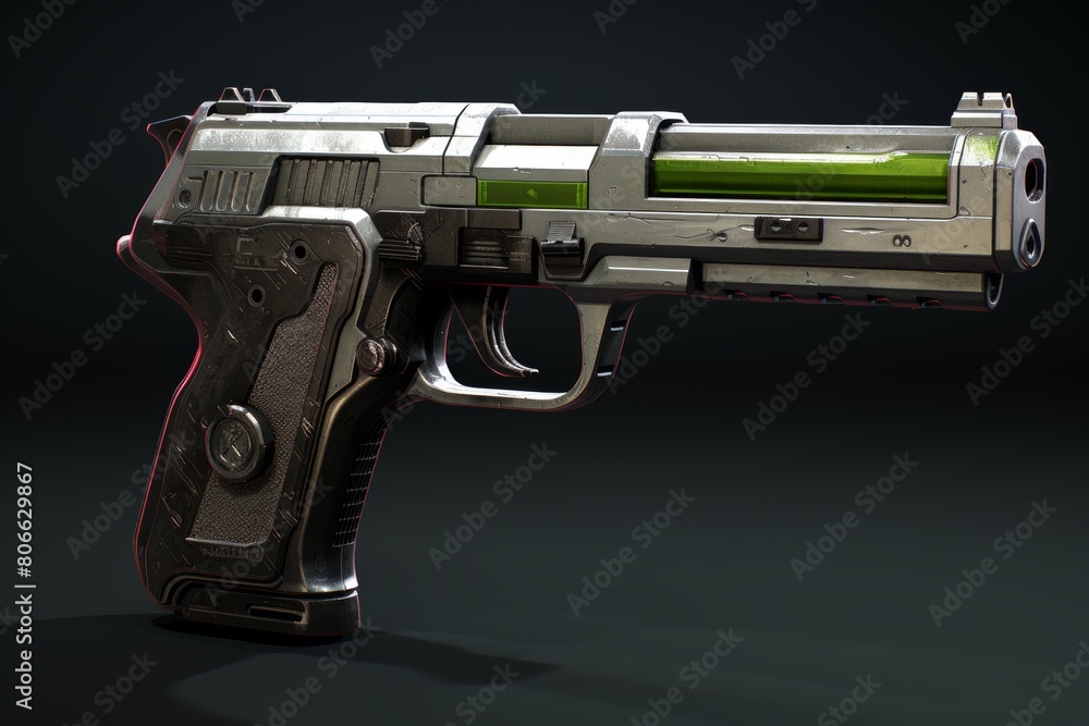 Futuristic sci-fi pistol with green energy cell