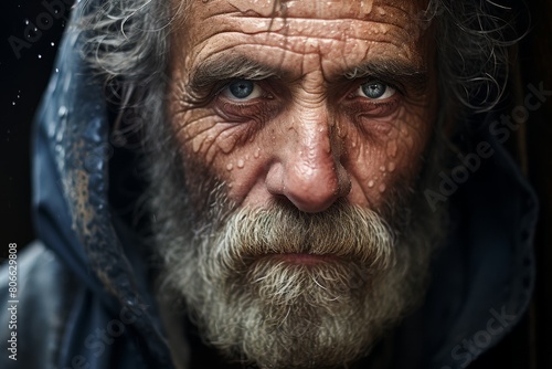 weathered face of an older man with a long beard