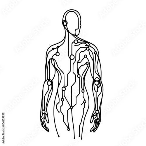 Minimal AI artificial intelligence and digital technology idea body conceptual.humanoid  line art.continuous line drawing.