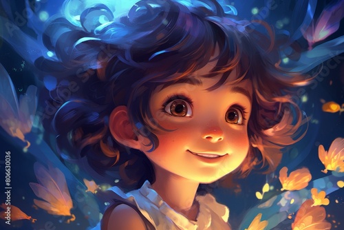 smiling girl with curly hair surrounded by glowing flowers