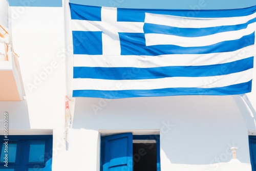 Greek Flag over a White Santorini Building, Greece