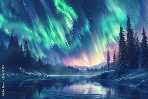 Generative ai on theme of beautiful northern lights, bright aurora borealis winter in atmosphere © oleg525