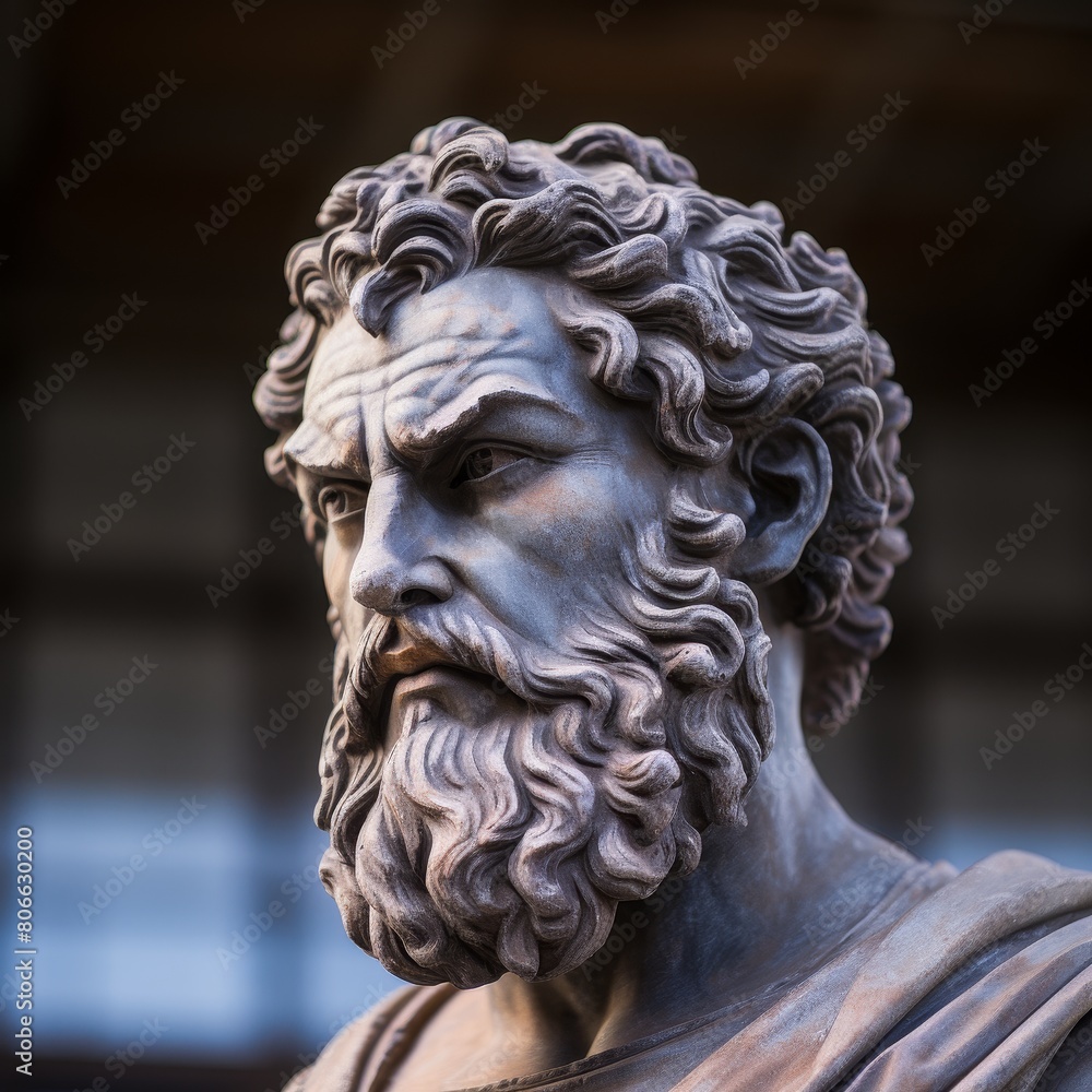 Detailed sculpture of a bearded man with curly hair