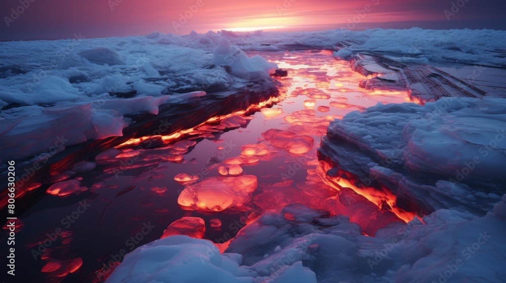 Glowing ice formations at sunset