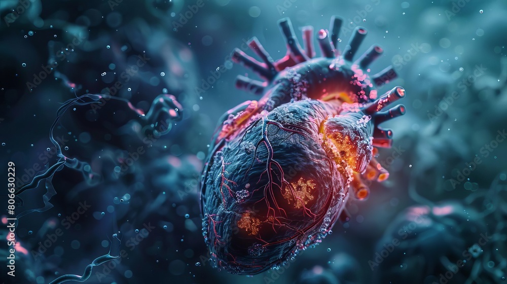 Obraz premium Advances in nanotech for cardiology, focusing on how nanoparticles are used to repair and regenerate heart tissue after myocardial infarctions