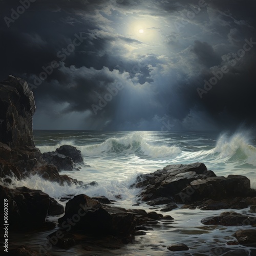Dramatic stormy seascape with crashing waves and dark clouds