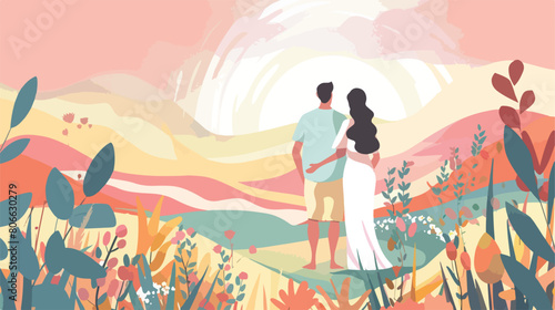 Pregnant woman with husband standing in landscape vector