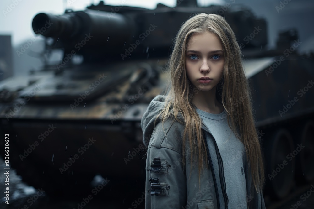young woman standing in front of a military tank young woman standing in front of a military tank