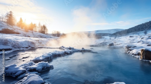 Serene winter landscape with steaming river and snowy mountains