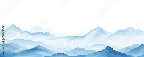 Cyan tones watercolor mountain range on white background with copy space display products blank copyspace for design text photo website web banner 