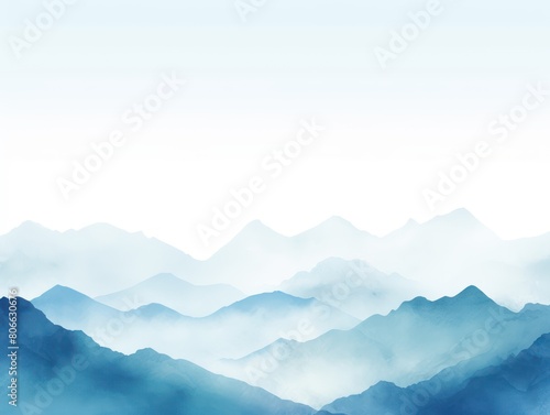 Cyan tones watercolor mountain range on white background with copy space display products blank copyspace for design text photo website web banner 