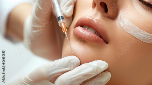 Beauty injections, Lifting lines on a woman's face showing of skin tightening and face contour correction with beauty injections in cosmetology