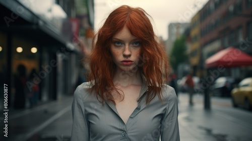 Pensive redhead woman in city street