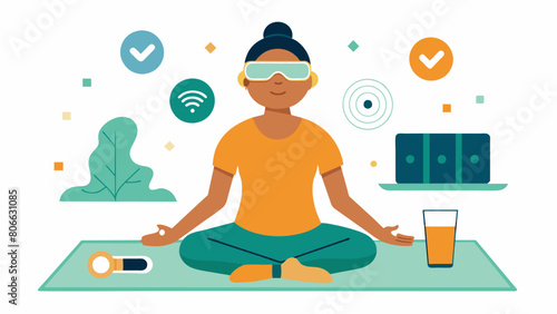 A person with a visual impairment participating in an audioguided adaptive yoga class using descriptive cues and modifications.. Vector illustration