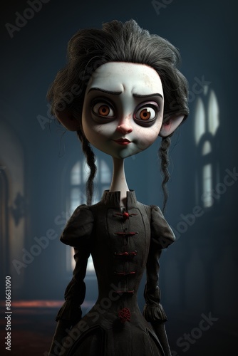 Creepy doll with dark eyes and braided hair