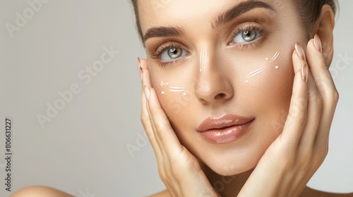 Beauty injections, Lifting lines on a woman's face showing of skin tightening and face contour correction with beauty injections in cosmetology