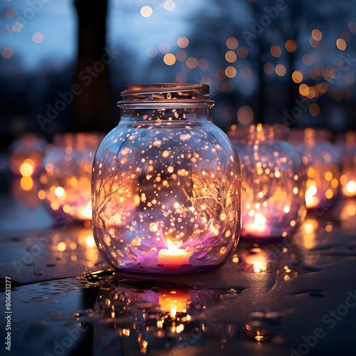Candles in a glass jar against the background of a tree.