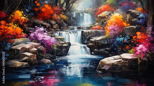 Vibrant waterfall landscape with colorful foliage
