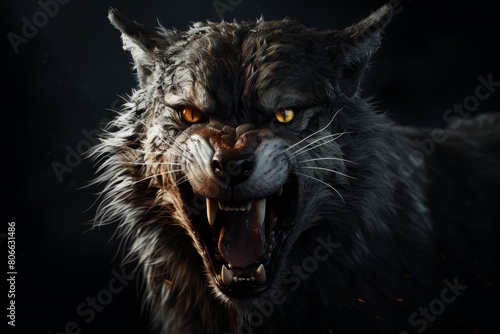 Fierce black wolf with glowing eyes and bared teeth © Balaraw