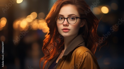 Thoughtful young woman with red hair and glasses