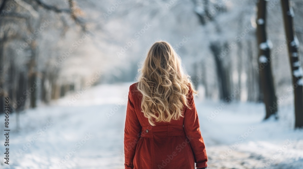 woman in red coat walking in snowy forest woman in red coat walking in snowy forest