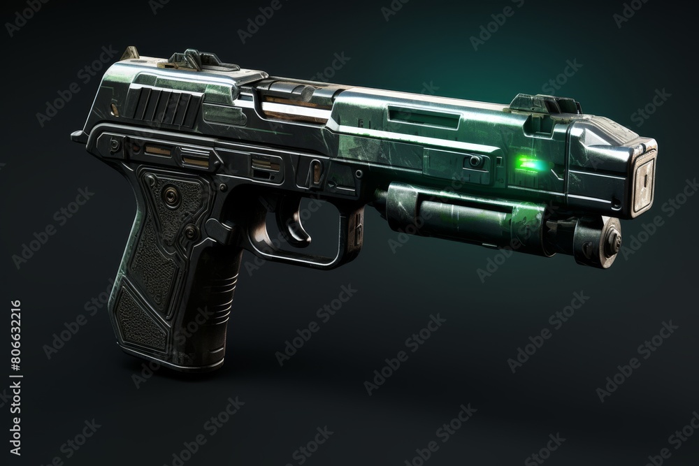 futuristic sci-fi pistol with glowing green accents