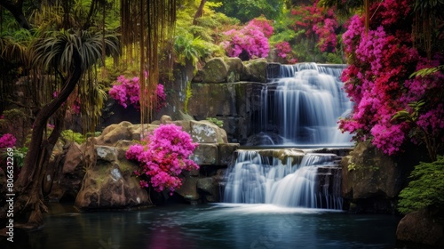 Lush tropical waterfall with vibrant pink flowers