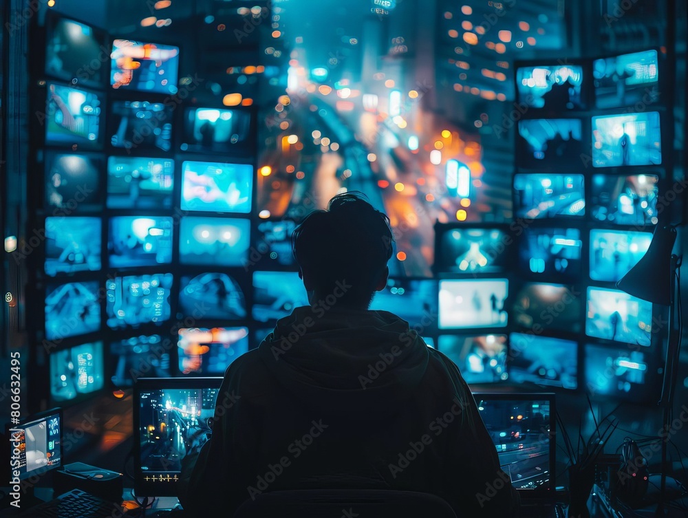 A documentarystyle photo of a night shift worker monitoring digital security cameras, engaged in protecting a digitalized world A documentarystyle photo of a night shift worker monitoring digital security cameras, engaged in protecting a digitalized world