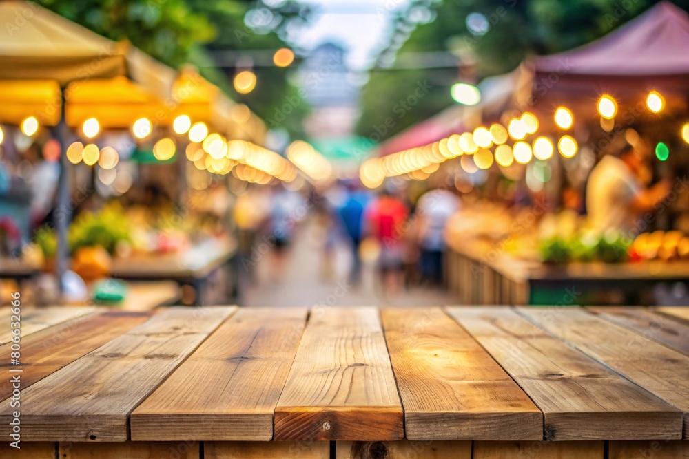 Wooden top with blurred abstract bokeh light of blurred food market outdoor background can be used for mocking up or display product to make advertising. Wooden top with blurred abstract bokeh light of blurred food market outdoor background can be used for mocking up or display product to make advertising.