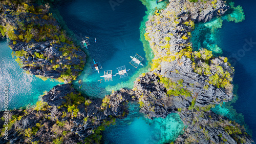 Aerail view with Coron, Palawan, Philippines of a beautiful lagoons and limestone cliffs.