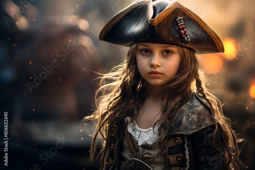 young girl dressed as pirate in dramatic lighting photo