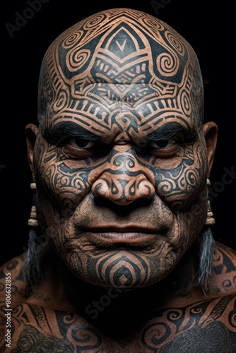 Intricate tribal tattoo design on man s face and body