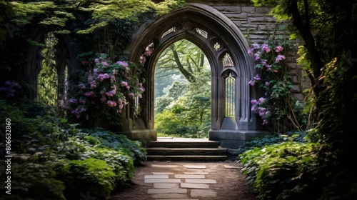 enchanting gothic archway in lush garden