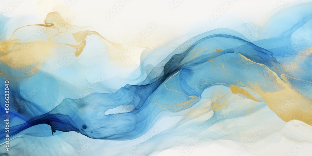Gold background abstract water ink wave, watercolor texture blue and white ocean wave web, mobile graphic resource for copy space text 