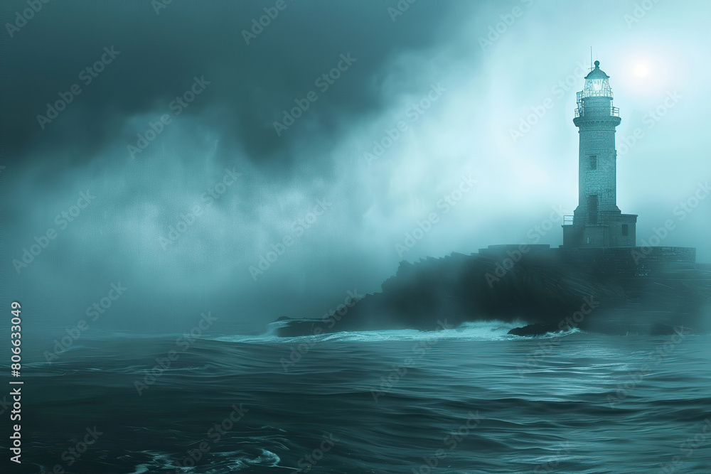 Generative ai on theme of large retro lighthouse with beam of bright light shining out to blue sea Generative ai on theme of large retro lighthouse with beam of bright light shining out to blue sea