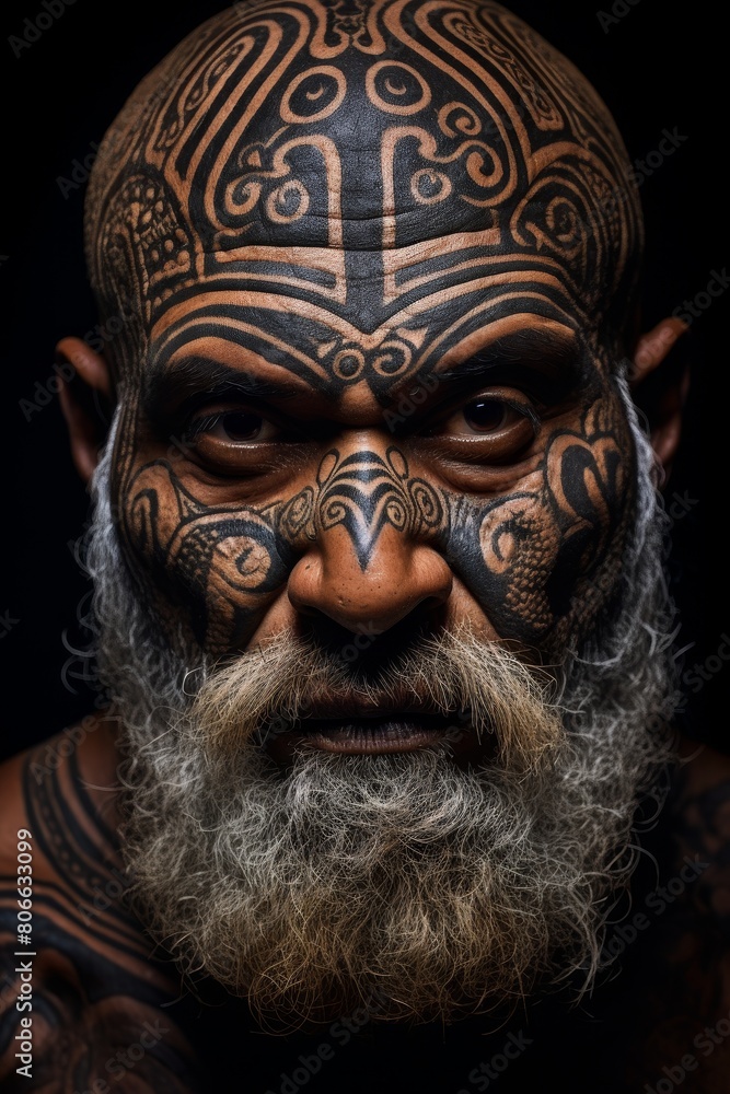 Tattooed man with intricate facial designs